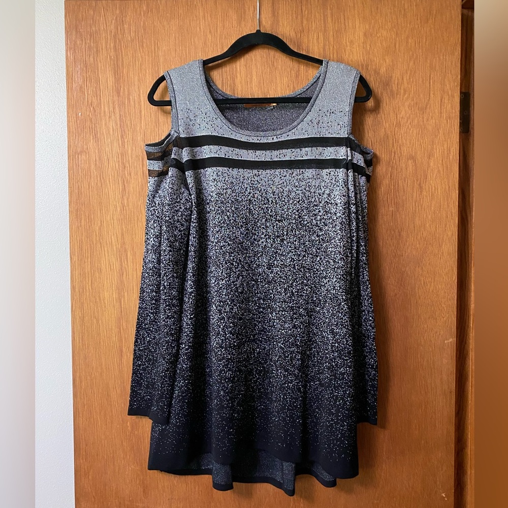 Belldini Black and Silver Cold Shoulder Hi-Low Hem Tunic Sweater